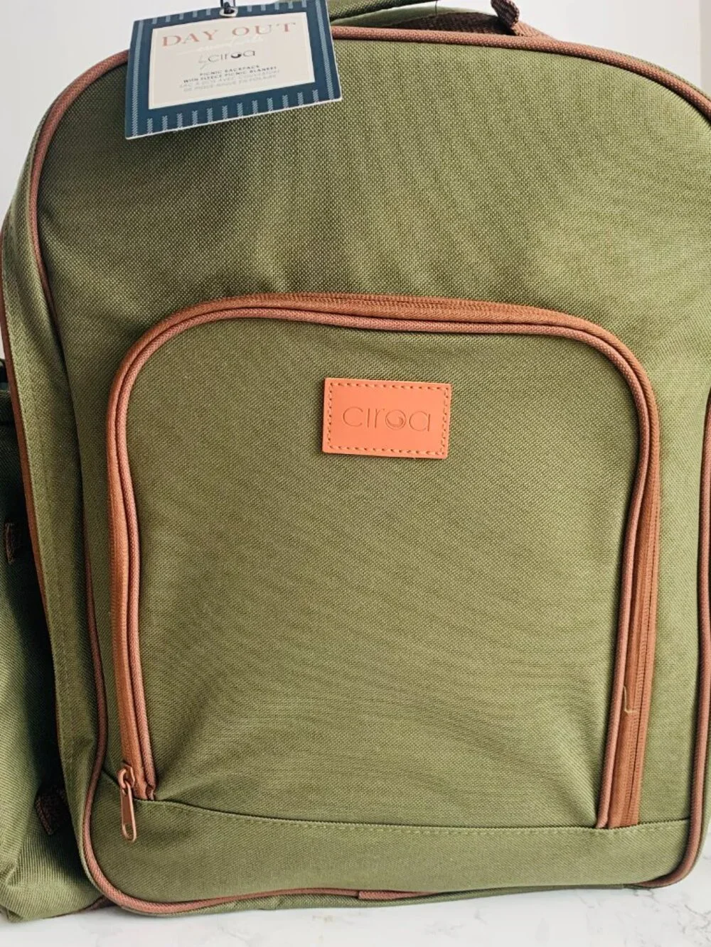 Ciroa Day Out Essentials Picnic Backpack Green Brown Trim Insulated Outdoor Set